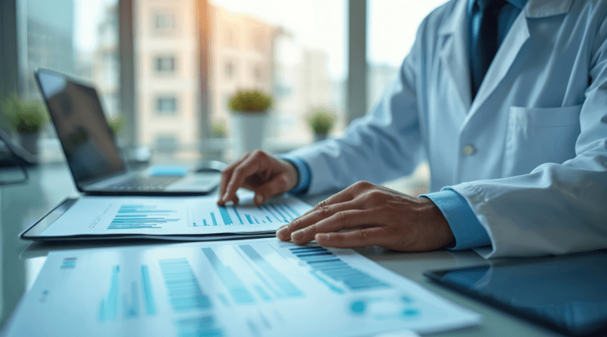 Doctor reviewing quality performance metrics on a digital dashboard, representing CMS 2026 Medicare Physician Fee Schedule proposed rule updates.